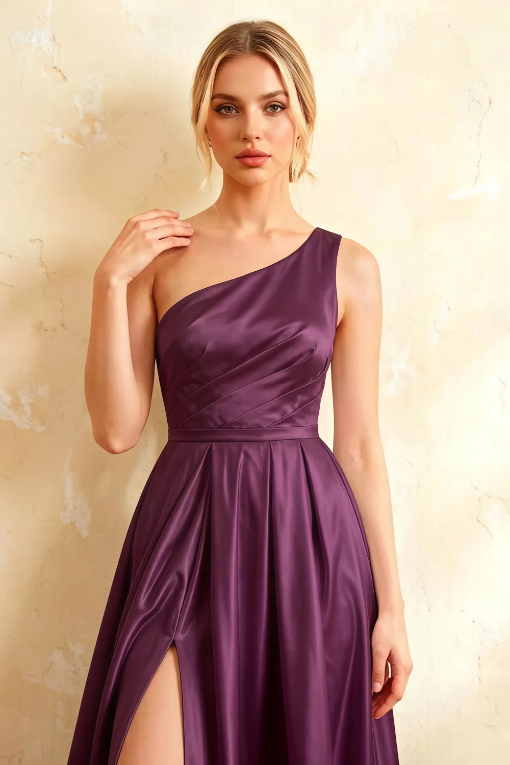 Jacqueline Grape Satin A-line One Shoulder Maxi Dress