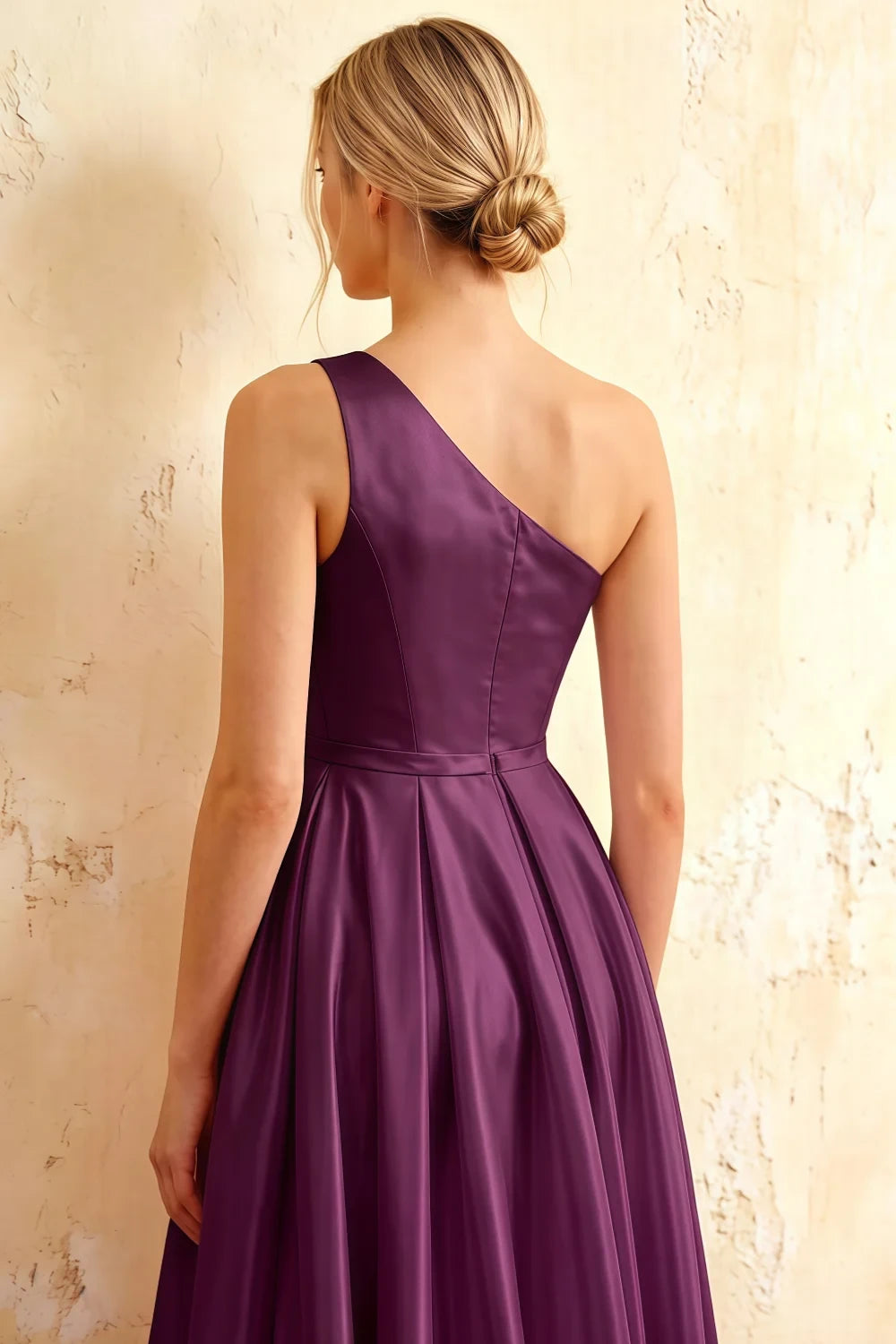 Jacqueline Grape Satin A-line One Shoulder Maxi Dress