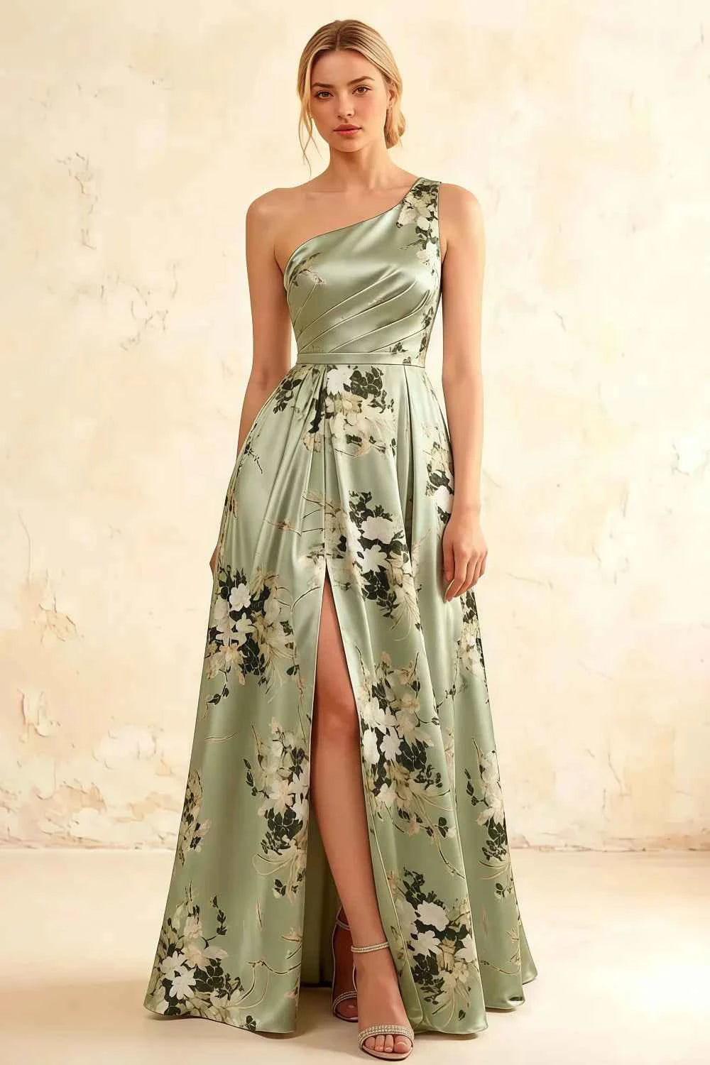 Jacqueline Green Floral A-line One Shoulder Maxi Dress