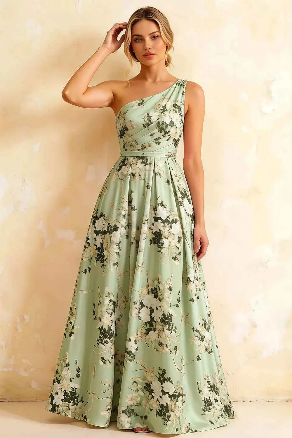 Jacqueline Green Floral A-line One Shoulder Maxi Dress