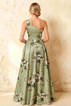 Jacqueline Green Floral A-line One Shoulder Maxi Dress