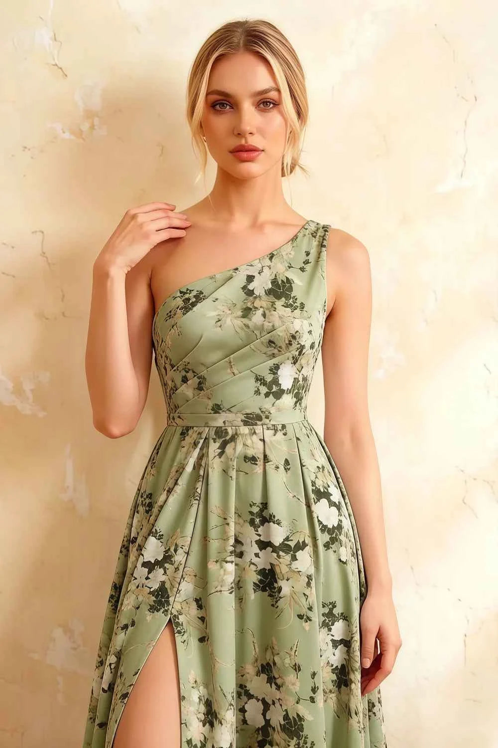 Jacqueline Green Floral A-line One Shoulder Maxi Dress