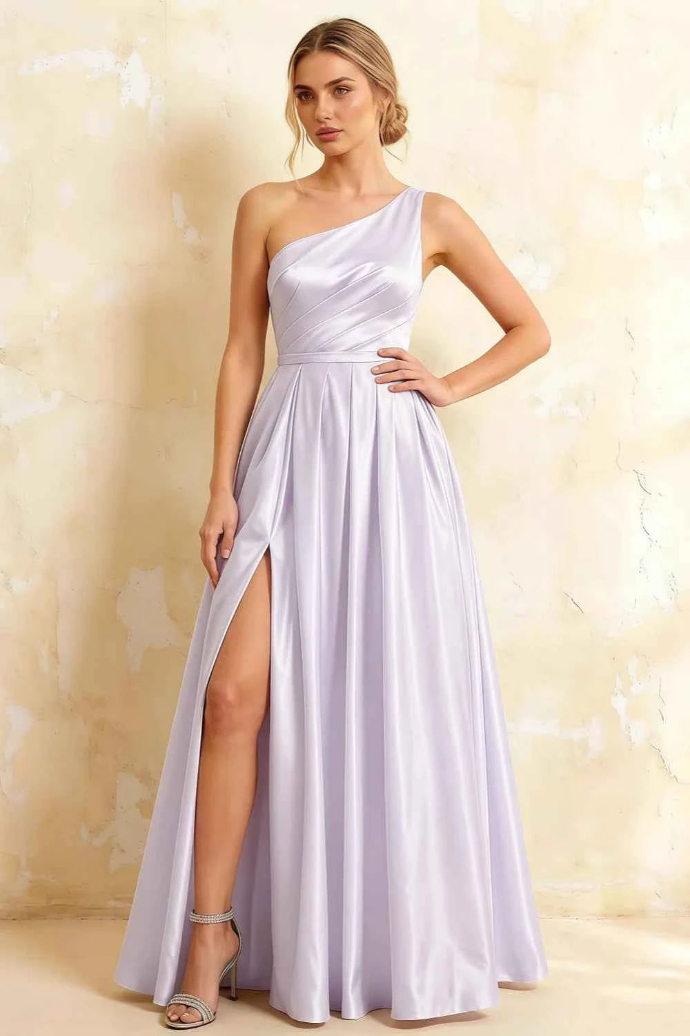 Jacqueline Lavender Satin A-line One Shoulder Maxi Dress