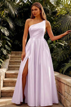 Jacqueline Lavender Satin A-line One Shoulder Maxi Dress