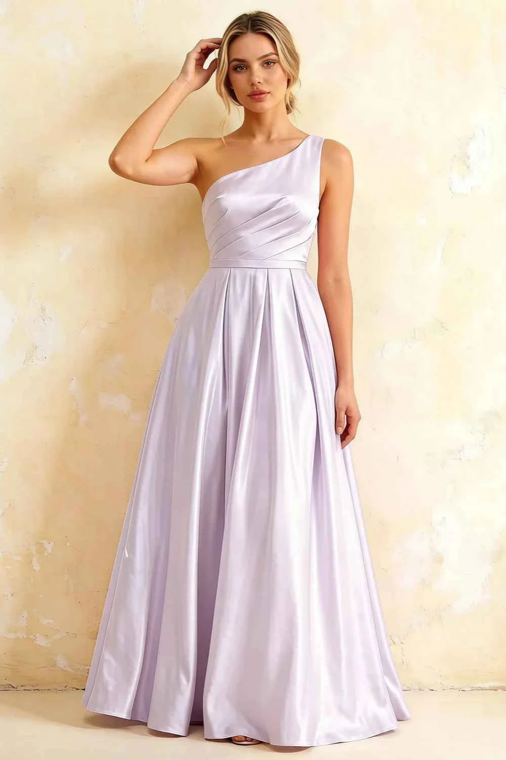 Jacqueline Lavender Satin A-line One Shoulder Maxi Dress