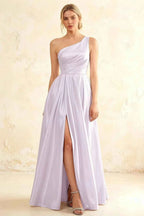 Jacqueline Lavender Satin A-line One Shoulder Maxi Dress