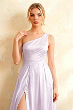 Jacqueline Lavender Satin A-line One Shoulder Maxi Dress