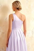 Jacqueline Lavender Satin A-line One Shoulder Maxi Dress