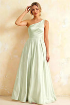 Jacqueline Mint Green Satin A-line One Shoulder Maxi Dress