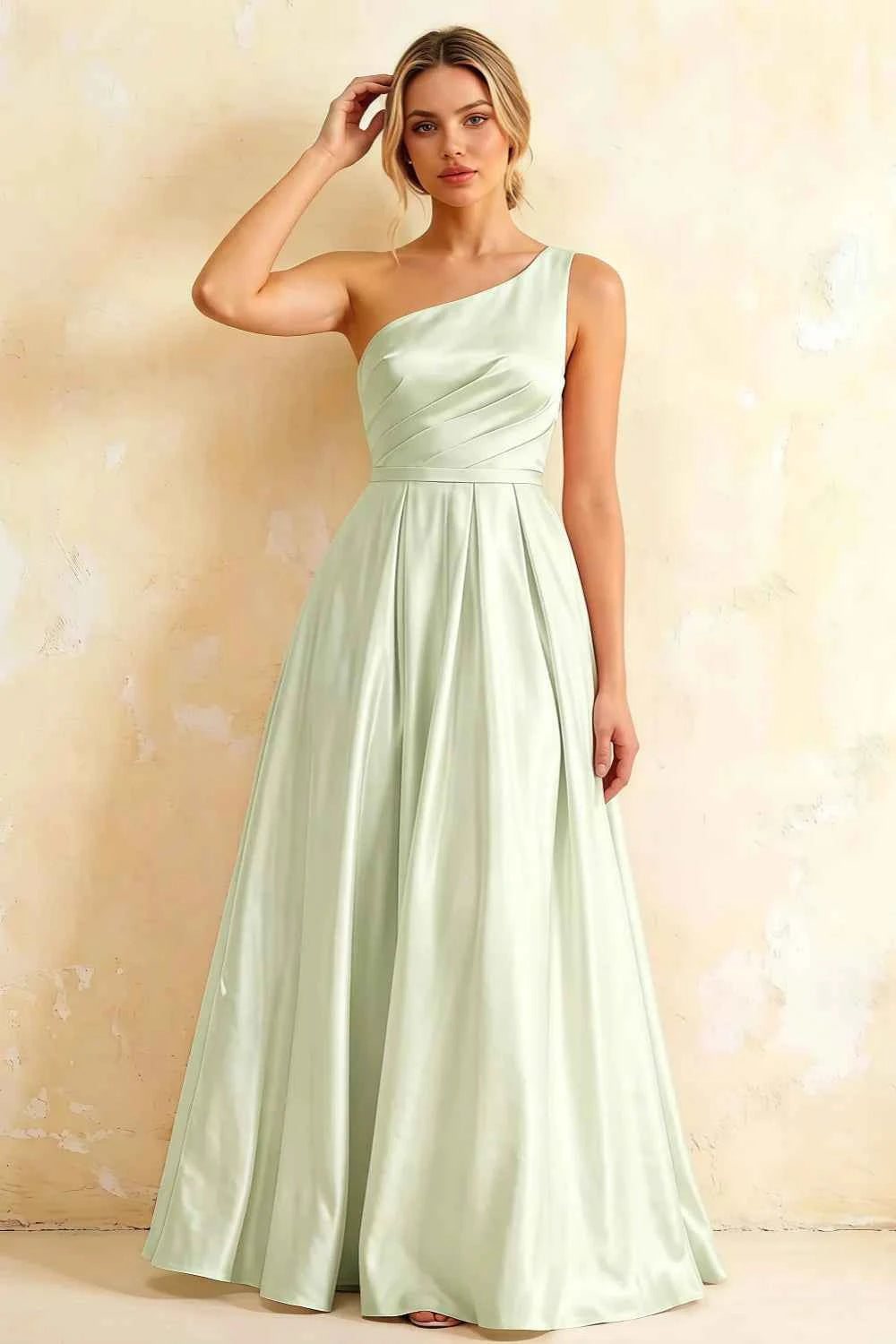 Jacqueline Mint Green Satin A-line One Shoulder Maxi Dress