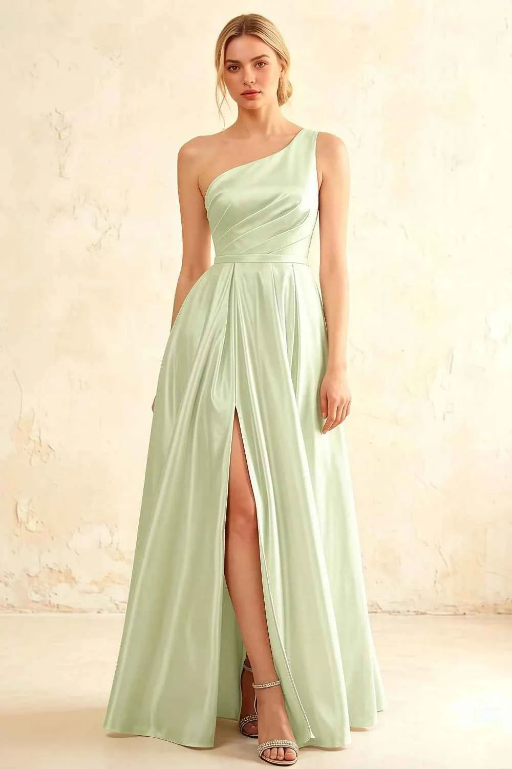 Jacqueline Mint Green Satin A-line One Shoulder Maxi Dress