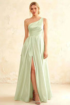 Jacqueline Mint Green Satin A-line One Shoulder Maxi Dress