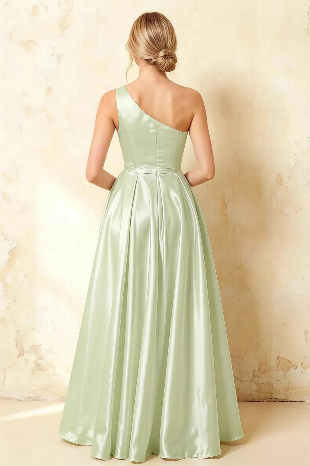 Jacqueline Mint Green Satin A-line One Shoulder Maxi Dress