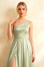 Jacqueline Mint Green Satin A-line One Shoulder Maxi Dress