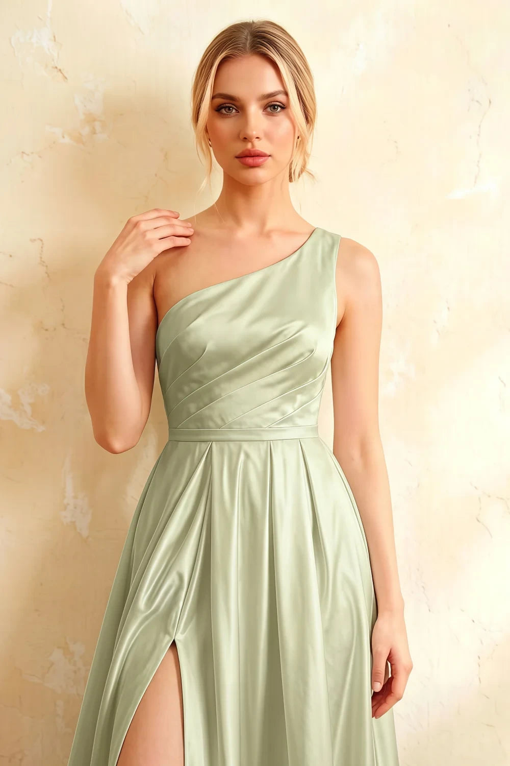 Jacqueline Mint Green Satin A-line One Shoulder Maxi Dress