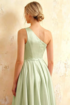 Jacqueline Mint Green Satin A-line One Shoulder Maxi Dress