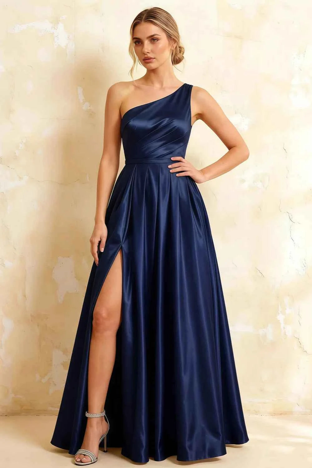 Jacqueline Navy Blue Satin A-line One Shoulder Maxi Dress