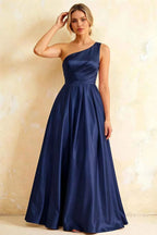 Jacqueline Navy Blue Satin A-line One Shoulder Maxi Dress