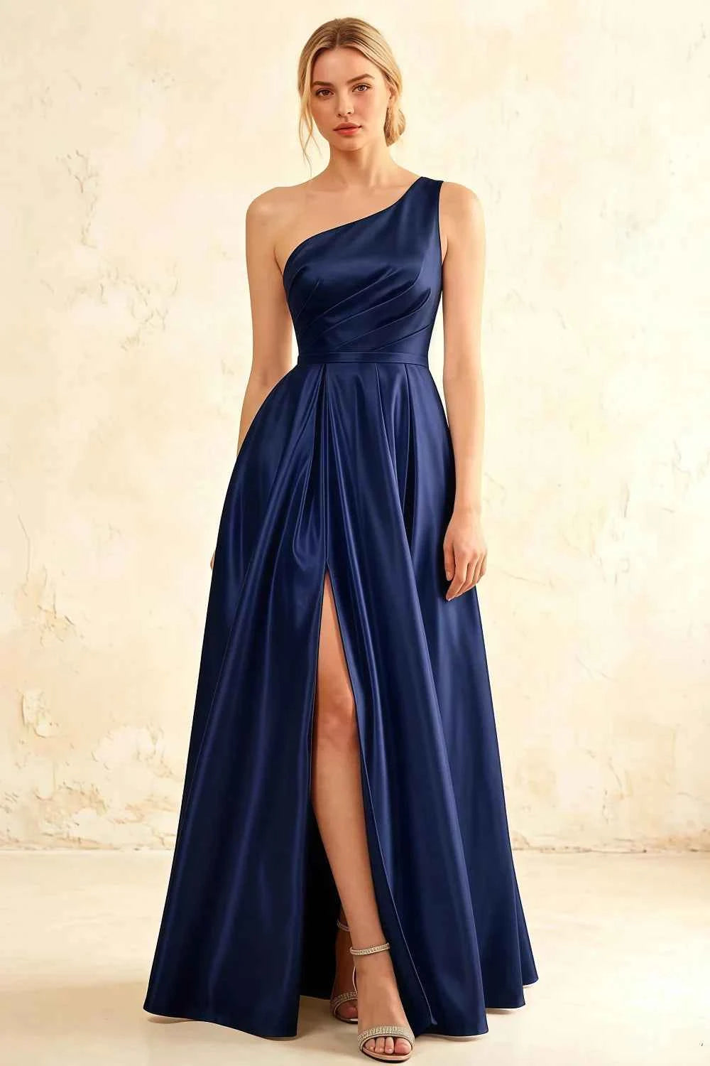 Jacqueline Navy Blue Satin A-line One Shoulder Maxi Dress