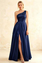 Jacqueline Navy Blue Satin A-line One Shoulder Maxi Dress