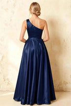 Jacqueline Navy Blue Satin A-line One Shoulder Maxi Dress