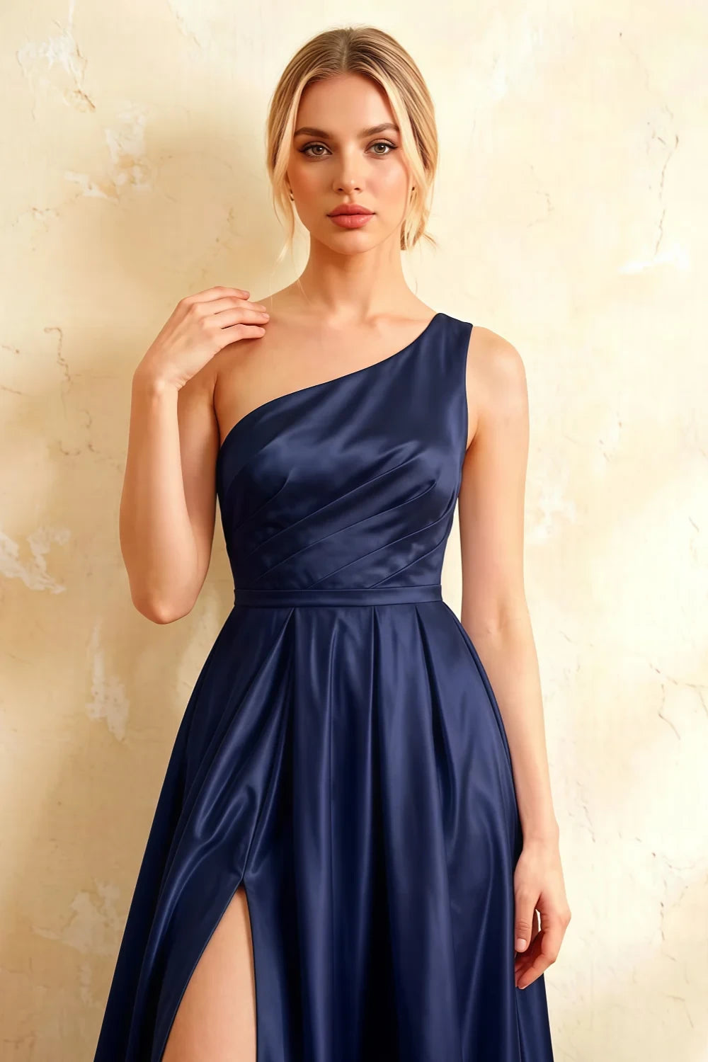 Jacqueline Navy Blue Satin A-line One Shoulder Maxi Dress