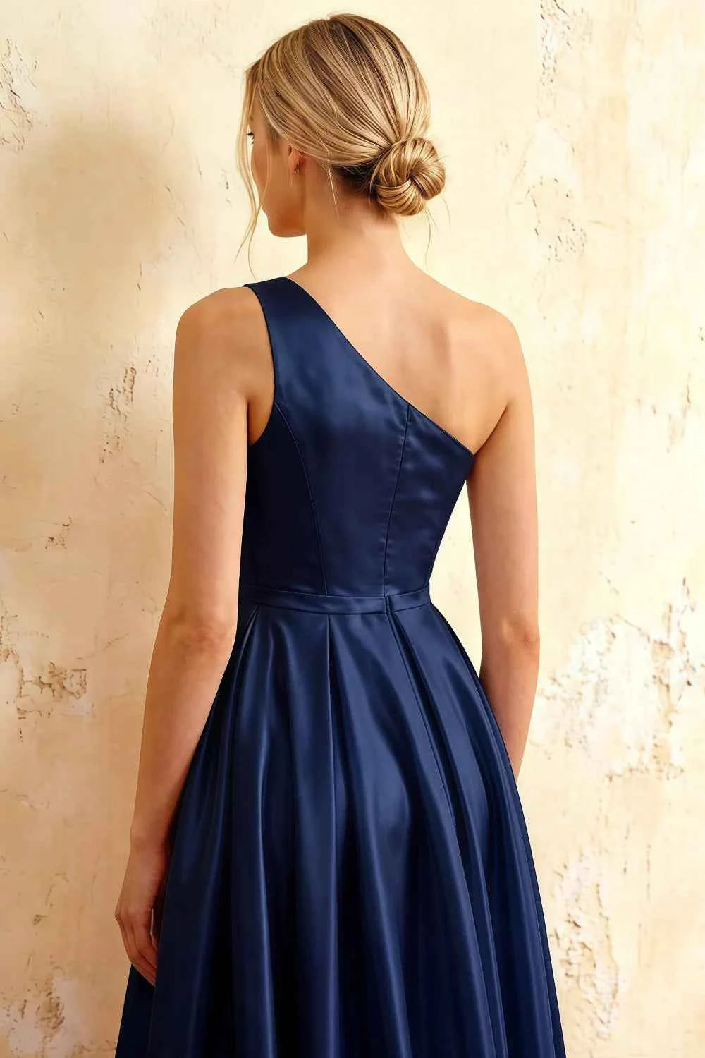 Jacqueline Navy Blue Satin A-line One Shoulder Maxi Dress