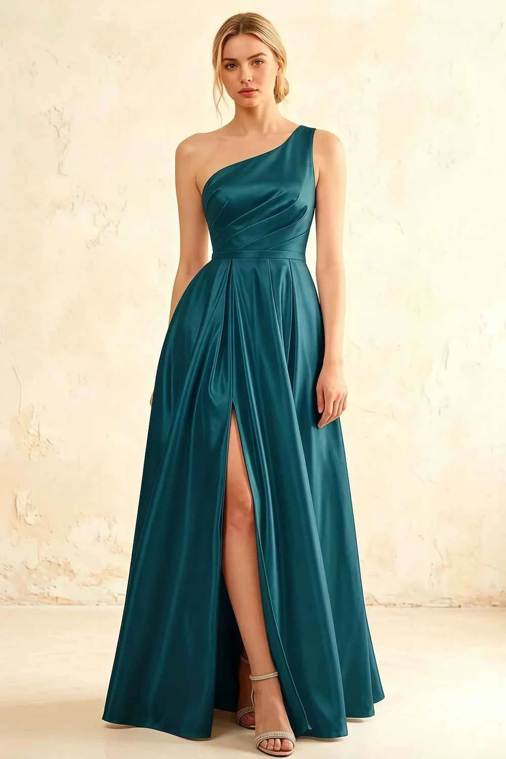 Jacqueline Peacock Satin A-line One Shoulder Maxi Dress