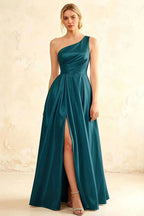 Jacqueline Peacock Satin A-line One Shoulder Maxi Dress