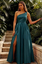 Jacqueline Peacock Satin A-line One Shoulder Maxi Dress