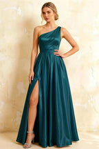 Jacqueline Peacock Satin A-line One Shoulder Maxi Dress