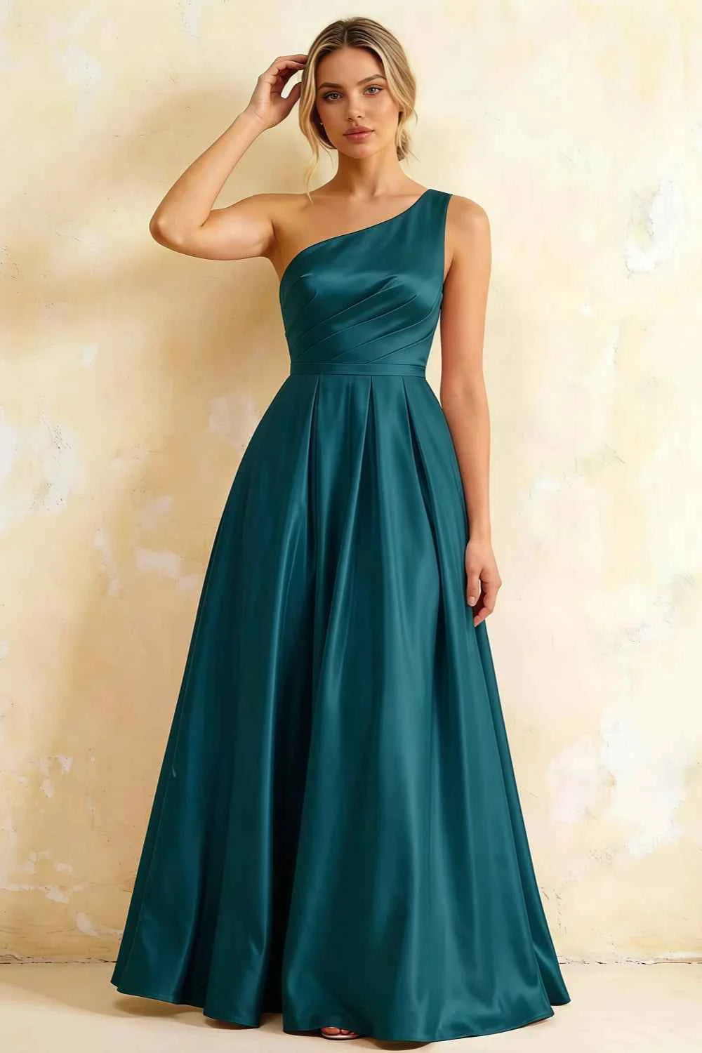 Jacqueline Peacock Satin A-line One Shoulder Maxi Dress