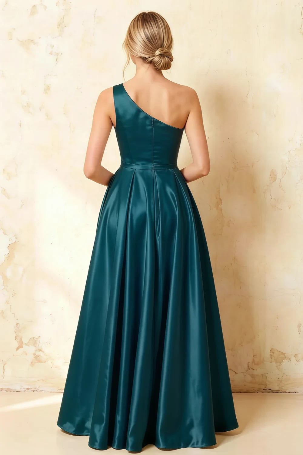 Jacqueline Peacock Satin A-line One Shoulder Maxi Dress