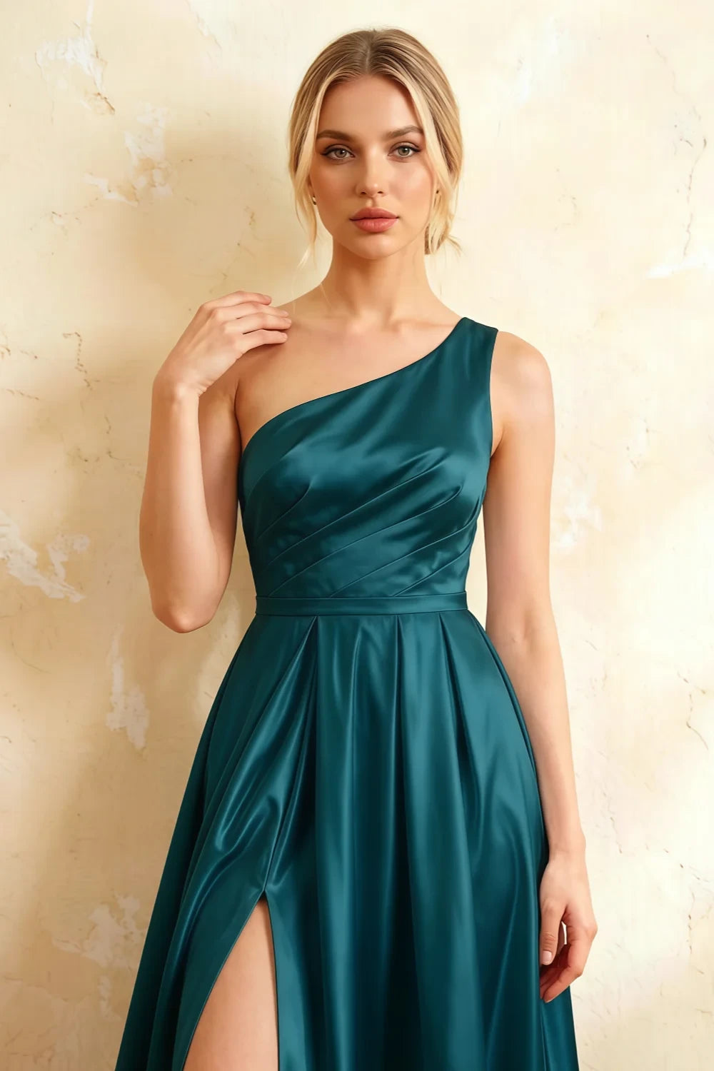 Jacqueline Peacock Satin A-line One Shoulder Maxi Dress
