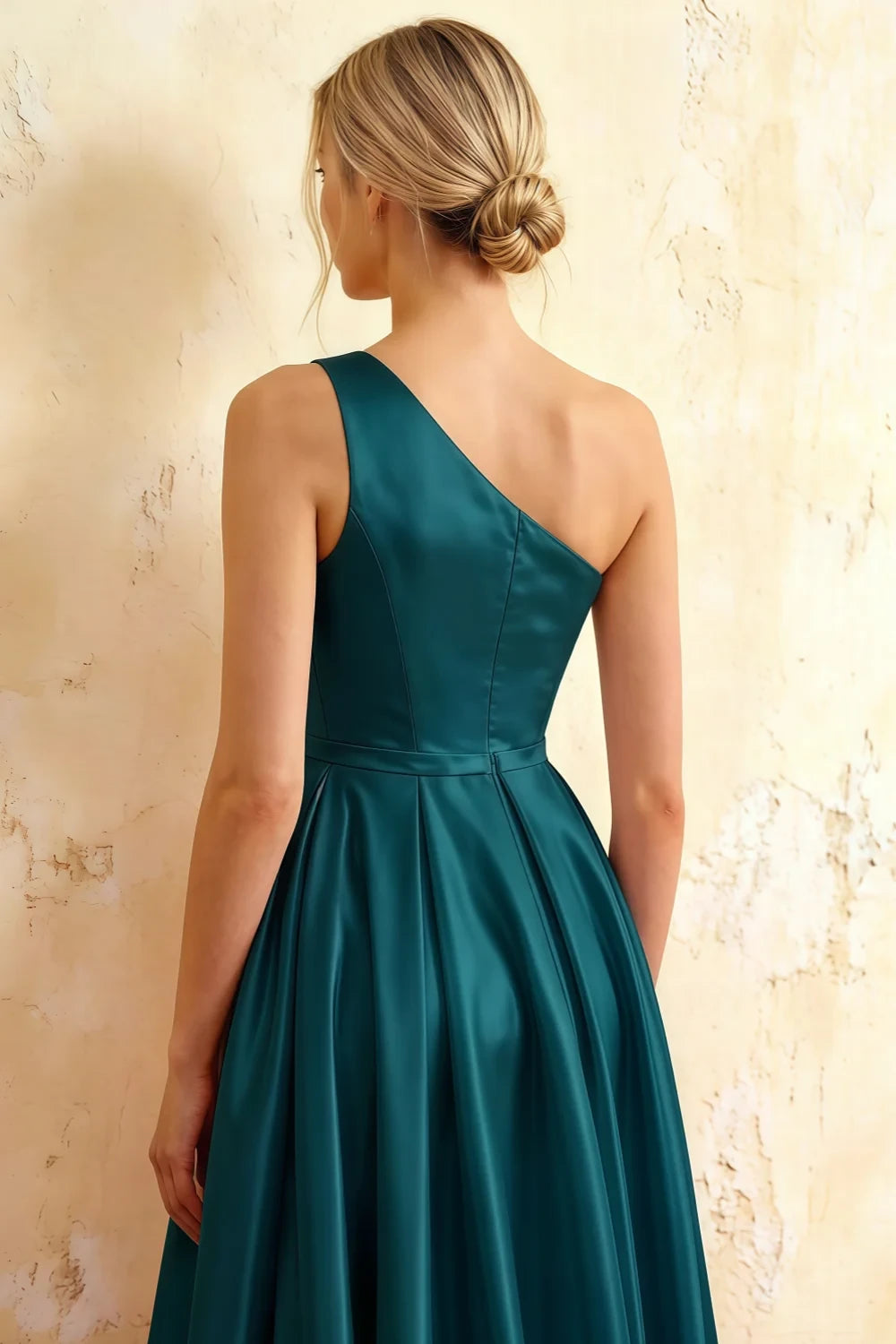 Jacqueline Peacock Satin A-line One Shoulder Maxi Dress
