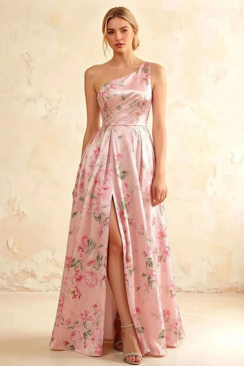 Jacqueline Pink Floral A-line One Shoulder Maxi Dress Imagen principal del producto