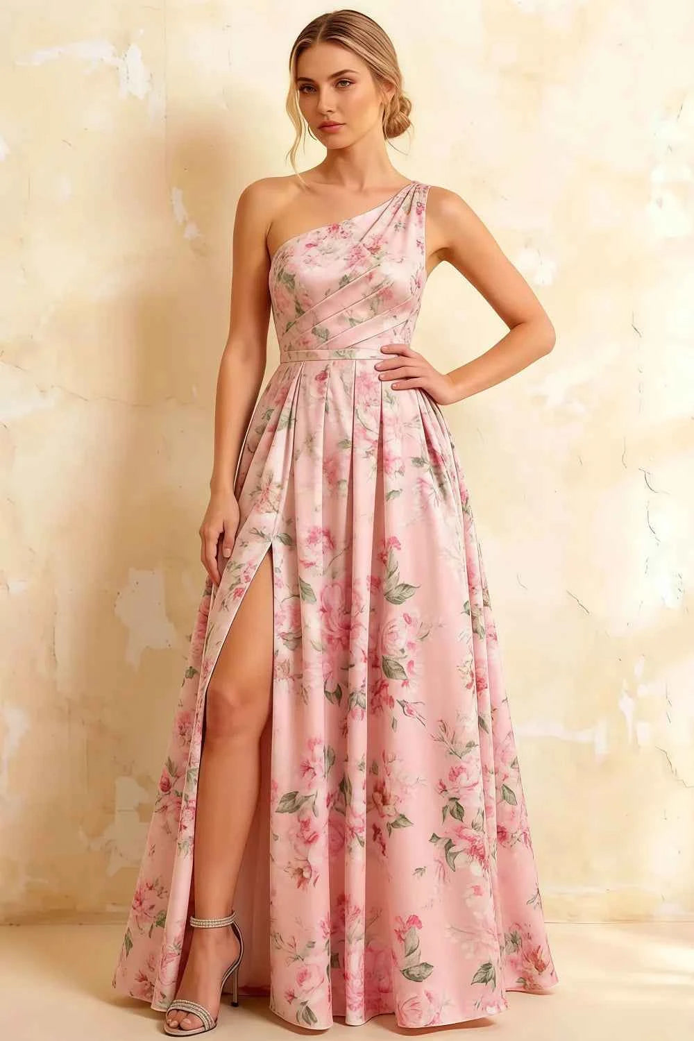 Jacqueline Pink Floral A-line One Shoulder Maxi Dress