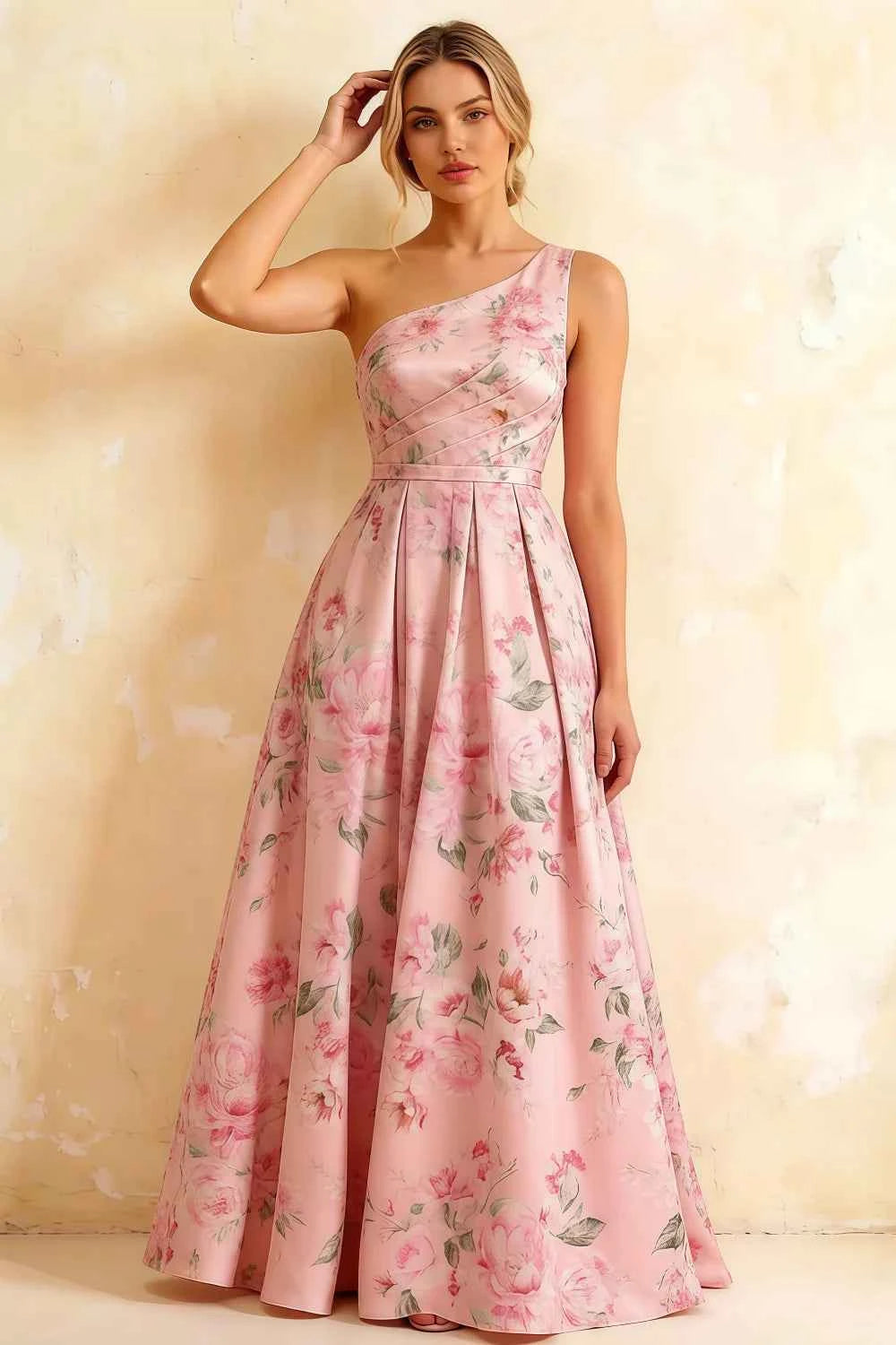 Jacqueline Pink Floral A-line One Shoulder Maxi Dress