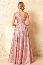 Jacqueline Pink Floral A-line One Shoulder Maxi Dress