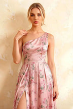 Jacqueline Pink Floral A-line One Shoulder Maxi Dress