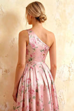 Jacqueline Pink Floral A-line One Shoulder Maxi Dress