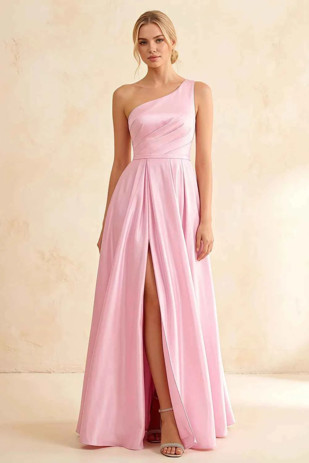 Jacqueline Pink Satin A-line One Shoulder Maxi Dress