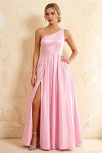 Jacqueline Pink Satin A-line One Shoulder Maxi Dress