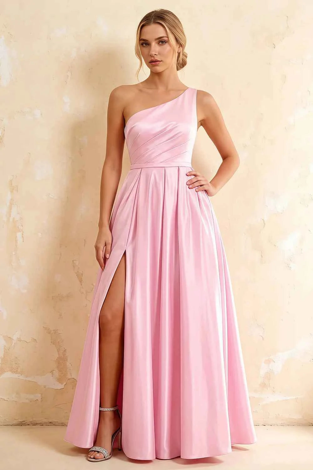 Jacqueline Pink Satin A-line One Shoulder Maxi Dress