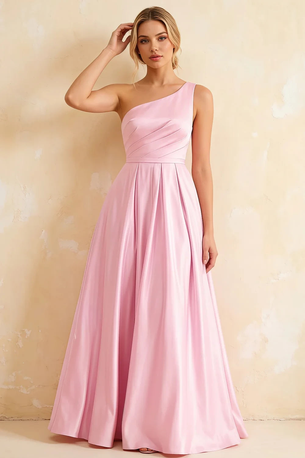 Jacqueline Pink Satin A-line One Shoulder Maxi Dress