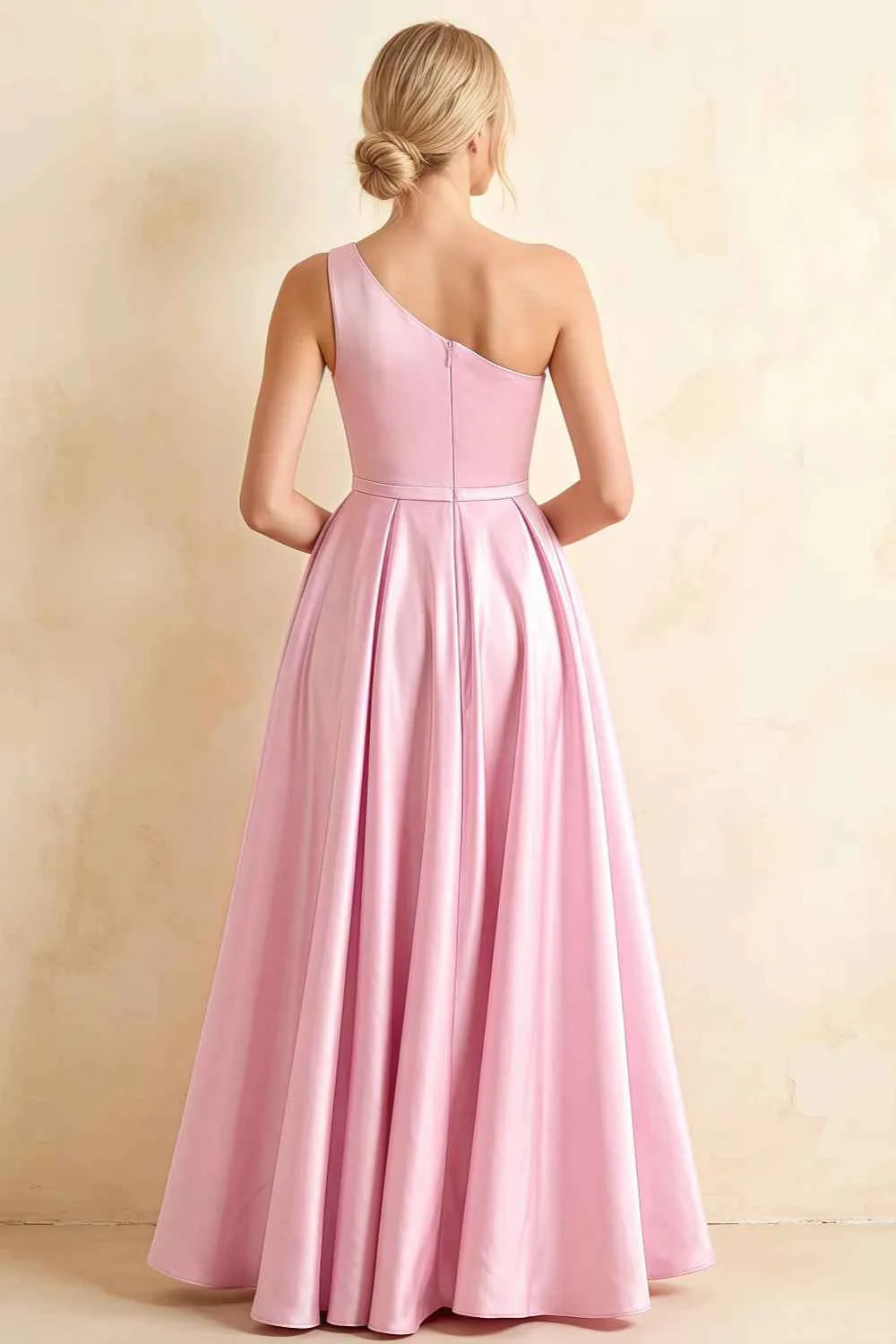 Jacqueline Pink Satin A-line One Shoulder Maxi Dress
