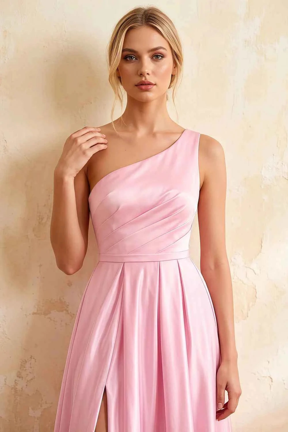 Jacqueline Pink Satin A-line One Shoulder Maxi Dress