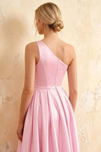 Jacqueline Pink Satin A-line One Shoulder Maxi Dress