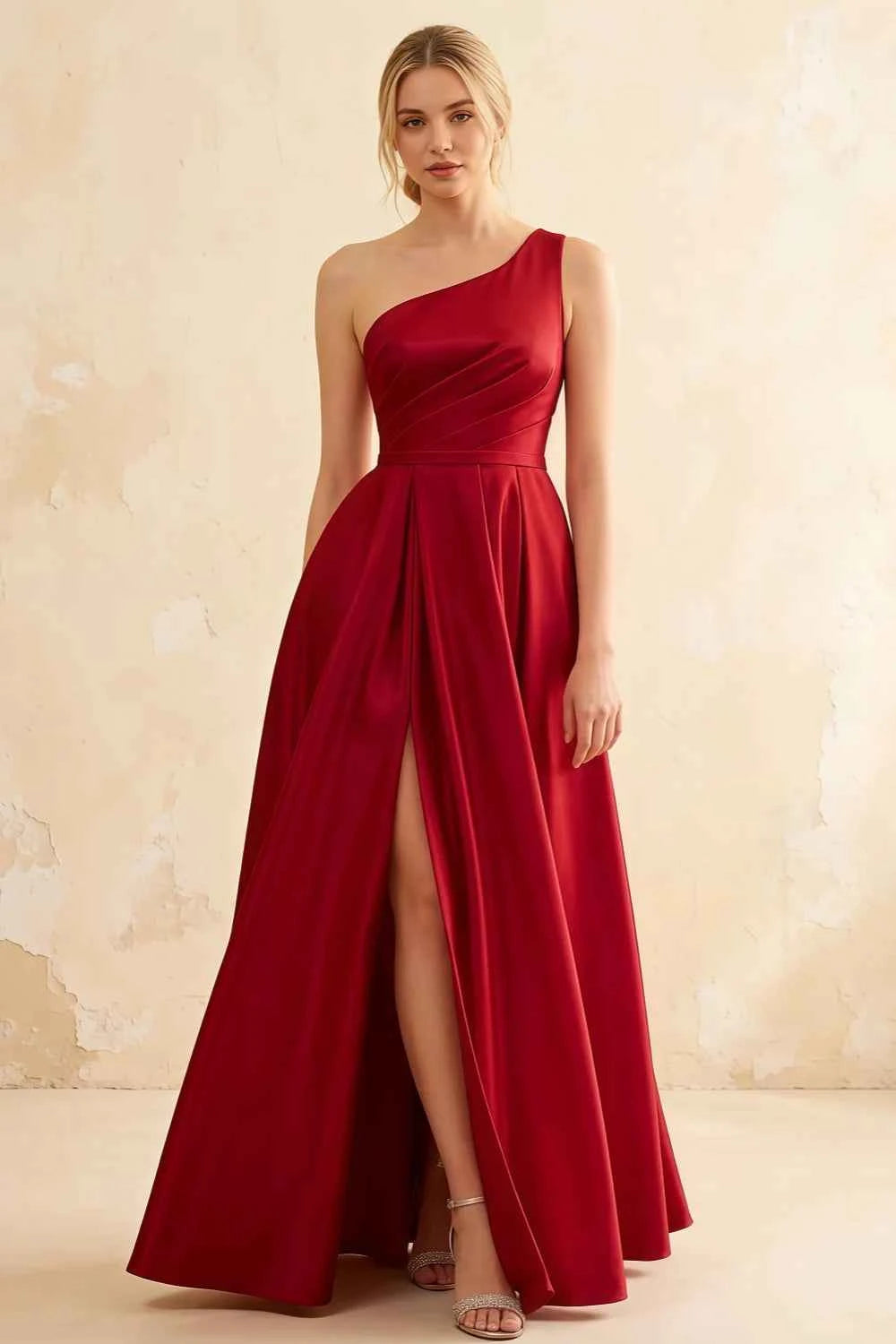 Jacqueline Red Satin A-line One Shoulder Maxi Dress