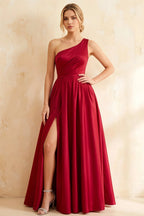 Jacqueline Red Satin A-line One Shoulder Maxi Dress